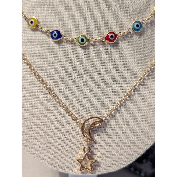 Nordstrom Layered Glass Bead Necklace Star Moon Pendant Gold Toned Chain - Picture 6 of 7